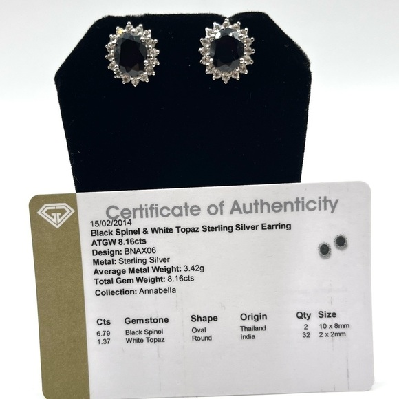 Black Spinel & White Topaz Earrings Sterling Silver Oval Shape Spinel and Topaz - Picture 1 of 11